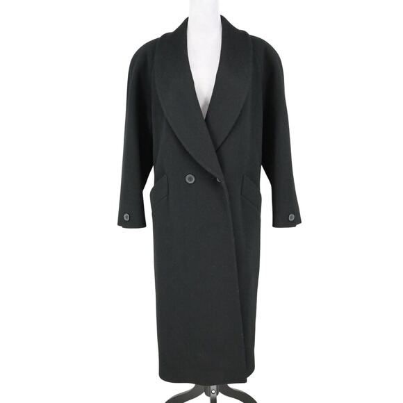 Jones NY Coat Petites 10P Black Wool Long Overcoat Shoulder Pads Vintage - Picture 1 of 16